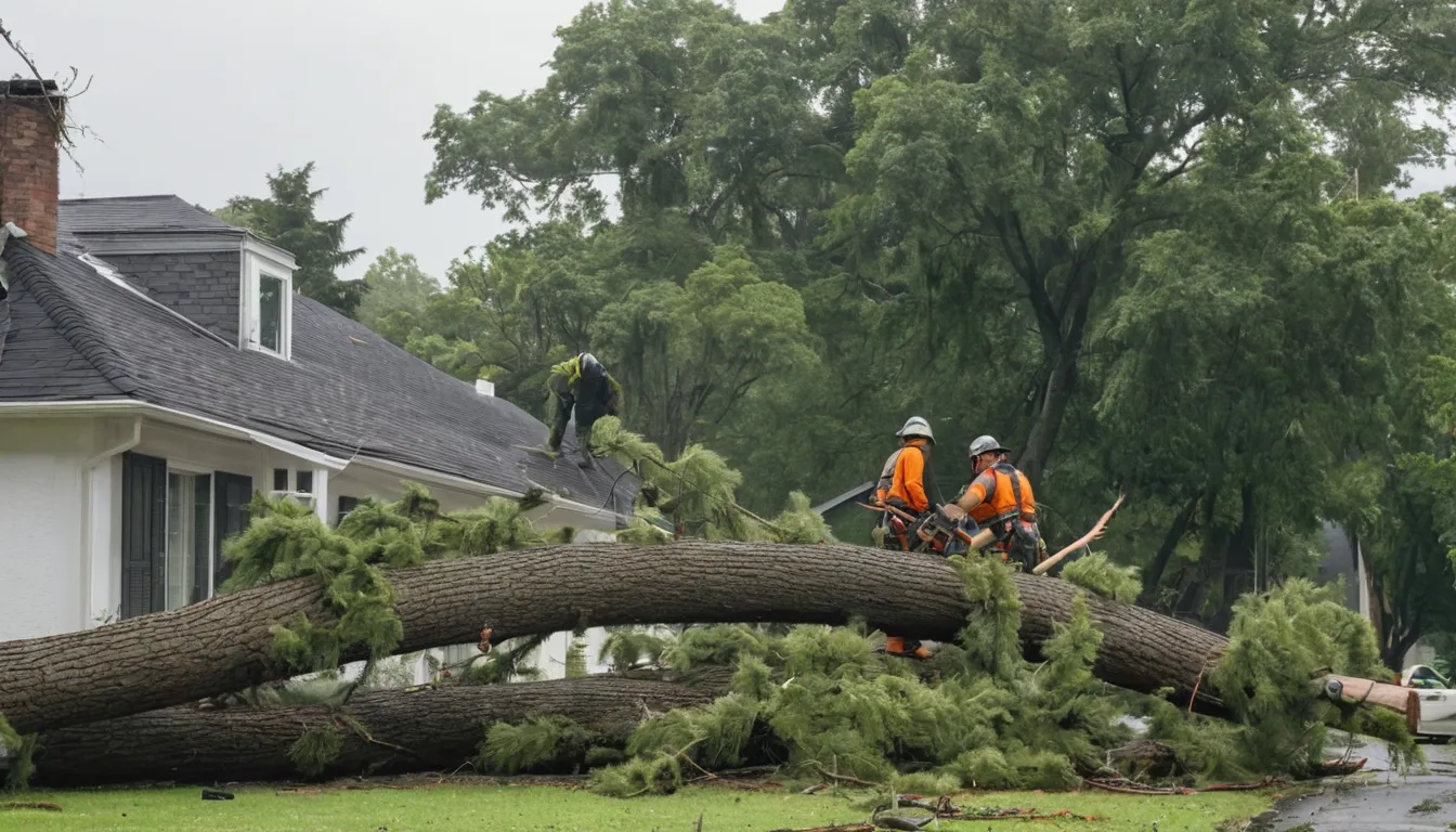 Tree service provider cutting a storm-fallen tree beside a house in Orland Park